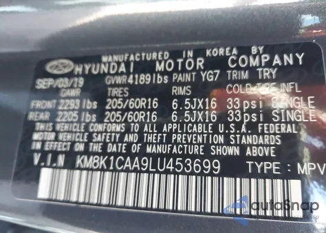 2020 Hyundai Kona Se z USA, uszkodzony, nr VIN KM8K1CAA9LU453699